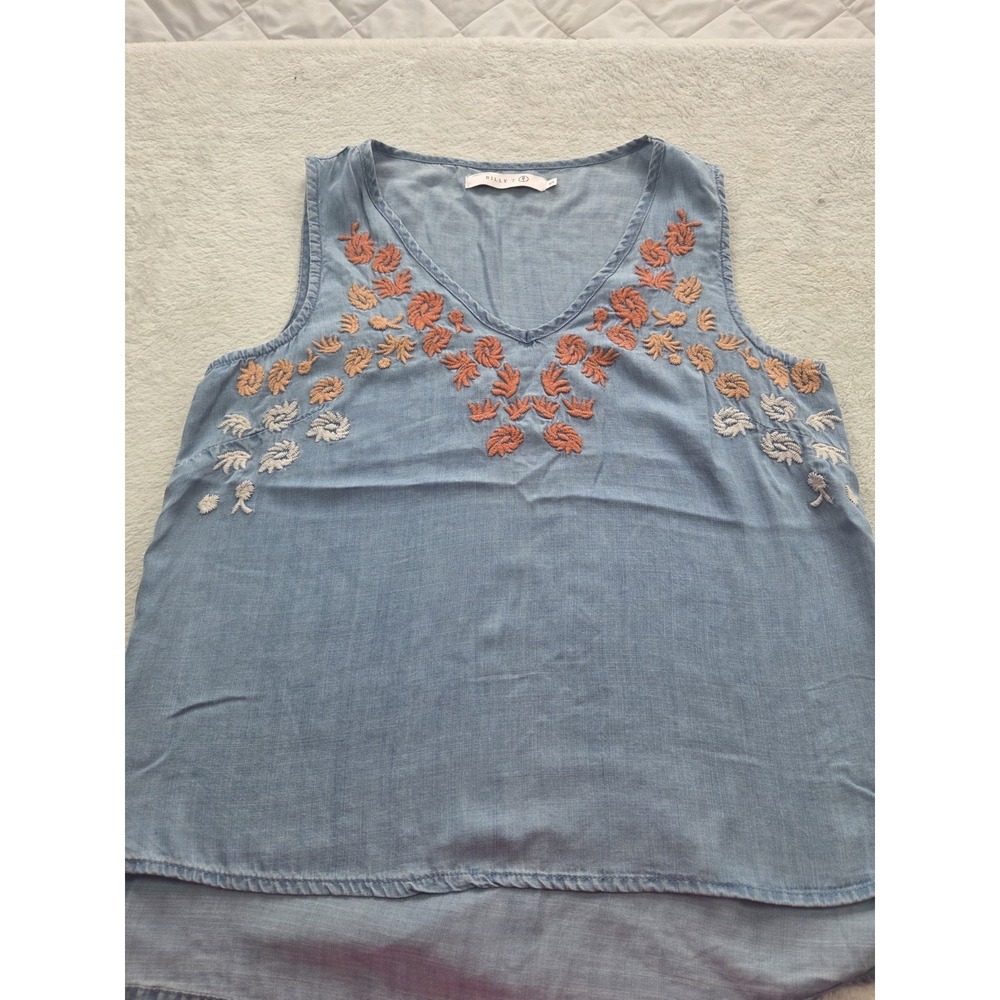 Billy T Chambray Embroidered Boho Tank Top Women's Small Lyocell Floral